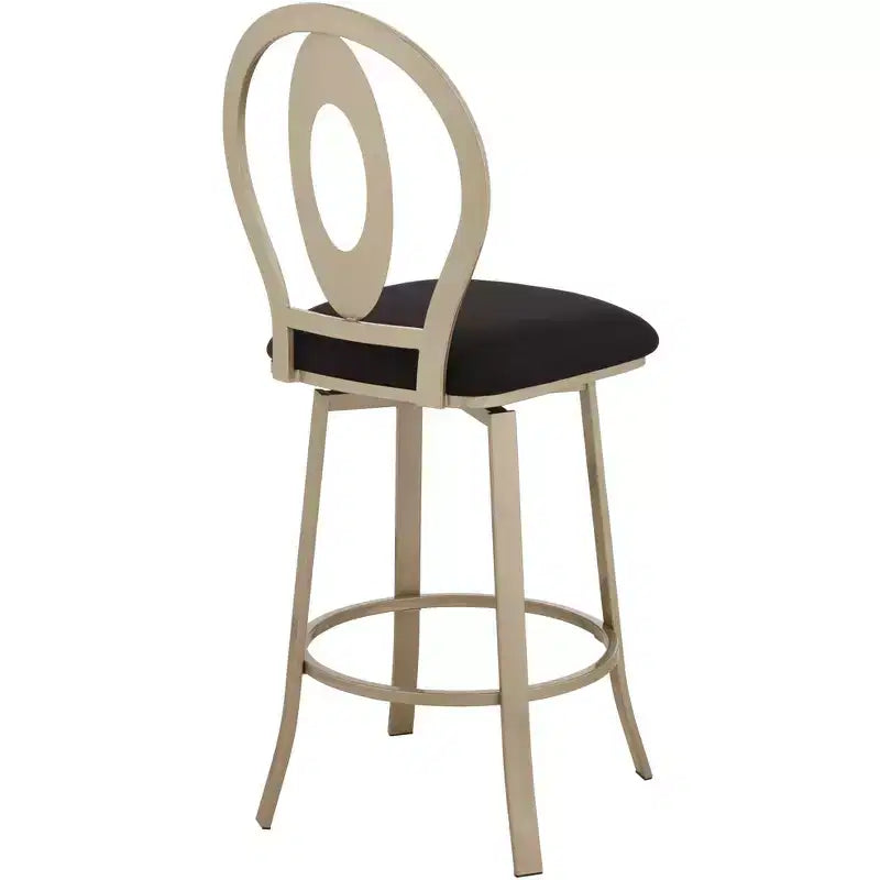 Sgabello da bar girevole in metallo color oro champagne alto 73,6 cm, moderno di metà secolo con cuscino nero, schienale e poggiapiedi per bancone o isola della cucina