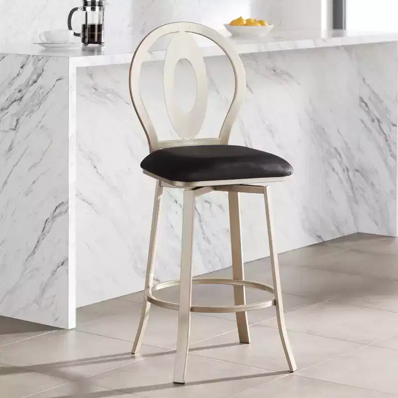 Sgabello da bar girevole in metallo color oro champagne alto 73,6 cm, moderno di metà secolo con cuscino nero, schienale e poggiapiedi per bancone o isola della cucina